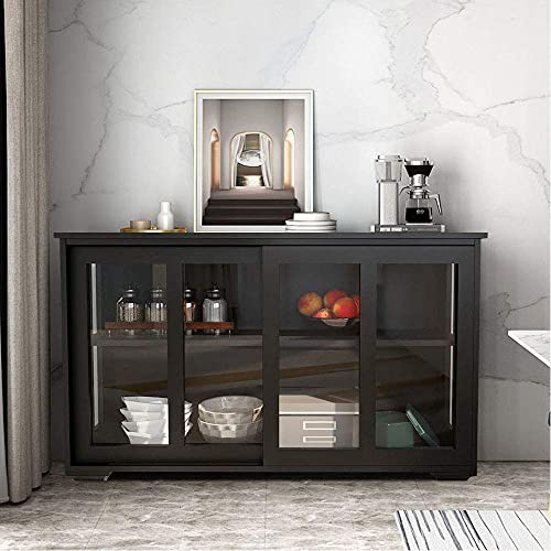 Henf Kitchen Storage Cabinet Wood Sideboard Buffet Cupboard with 2 Sliding Glass Doors and Adjustable Shelves Classic Accent Console Table Cabinet for Kitchen Dining Living Room, Black