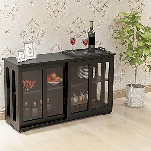 Henf Kitchen Storage Cabinet Wood Sideboard Buffet Cupboard with 2 Sliding Glass Doors and Adjustable Shelves Classic Accent Console Table Cabinet for Kitchen Dining Living Room, Black