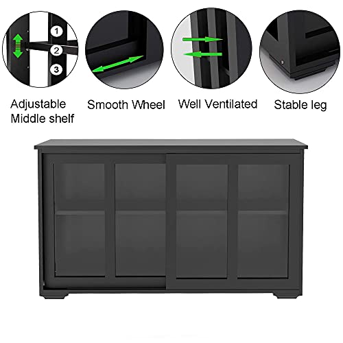 Henf Kitchen Storage Cabinet Wood Sideboard Buffet Cupboard with 2 Sliding Glass Doors and Adjustable Shelves Classic Accent Console Table Cabinet for Kitchen Dining Living Room, Black