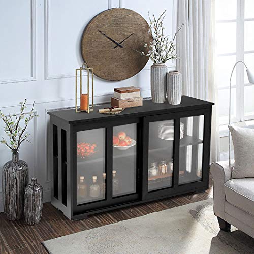 Henf Kitchen Storage Cabinet Wood Sideboard Buffet Cupboard with 2 Sliding Glass Doors and Adjustable Shelves Classic Accent Console Table Cabinet for Kitchen Dining Living Room, Black