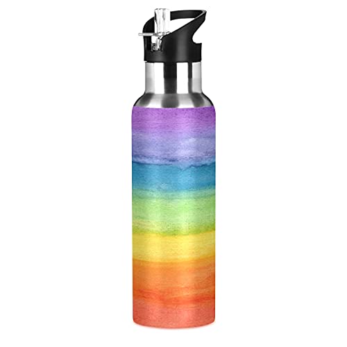 AUUXVA Colorful Stripe Rainbow Water Bottle Vacuum Insulated Stainless Steel Thermos Mug Kids Water Bottle with Straw and Handle Keep Hot Cold Sport Bike Fit Travel Outdoor 20 oz