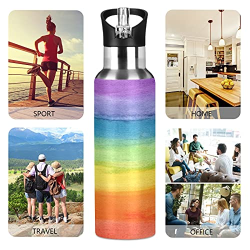 AUUXVA Colorful Stripe Rainbow Water Bottle Vacuum Insulated Stainless Steel Thermos Mug Kids Water Bottle with Straw and Handle Keep Hot Cold Sport Bike Fit Travel Outdoor 20 oz