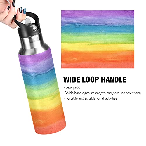 AUUXVA Colorful Stripe Rainbow Water Bottle Vacuum Insulated Stainless Steel Thermos Mug Kids Water Bottle with Straw and Handle Keep Hot Cold Sport Bike Fit Travel Outdoor 20 oz