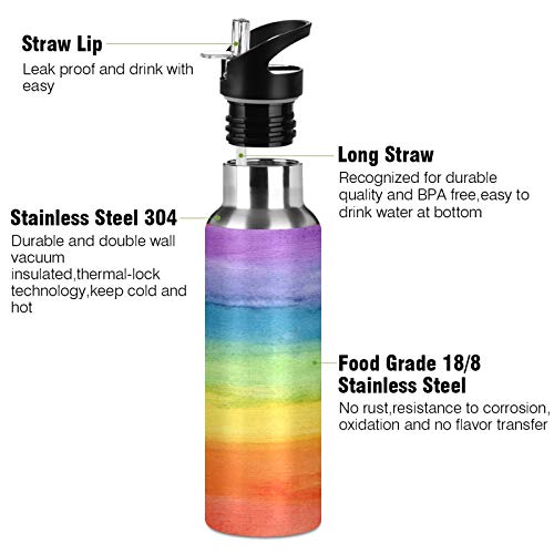 AUUXVA Colorful Stripe Rainbow Water Bottle Vacuum Insulated Stainless Steel Thermos Mug Kids Water Bottle with Straw and Handle Keep Hot Cold Sport Bike Fit Travel Outdoor 20 oz