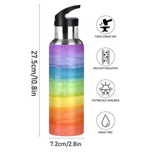 AUUXVA Colorful Stripe Rainbow Water Bottle Vacuum Insulated Stainless Steel Thermos Mug Kids Water Bottle with Straw and Handle Keep Hot Cold Sport Bike Fit Travel Outdoor 20 oz