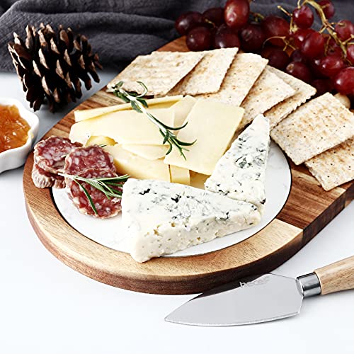 hecef Oval Wooden Cheese Board Set, Acacia Wood Cheese Serving Board with White Marble, Cheese Knife Charcuterie Platter Cheese Serving Tray for Cheese Cake Appetizers, Housewarming Gift, Mothers Day