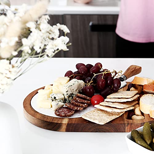 hecef Oval Wooden Cheese Board Set, Acacia Wood Cheese Serving Board with White Marble, Cheese Knife Charcuterie Platter Cheese Serving Tray for Cheese Cake Appetizers, Housewarming Gift, Mothers Day