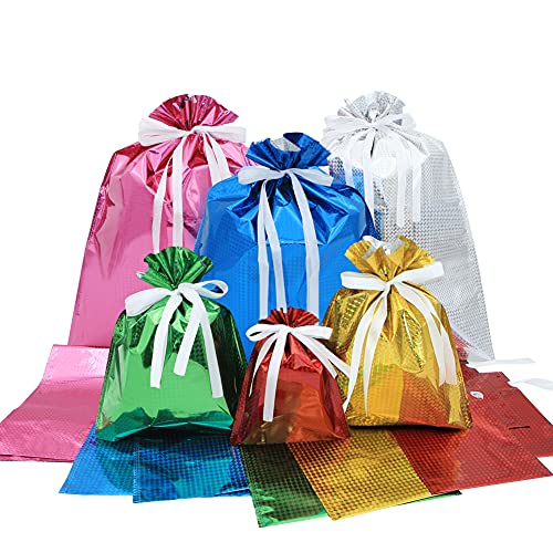 12 Drawstring Goodie Bags, Christmas Party Favor Bags, Present Wrapping Laser Bag, Holiday Treats Bags with Ribbon Ties and Tags in 4 Sizes, for Families Friends Kids in All Occasion of Celebration