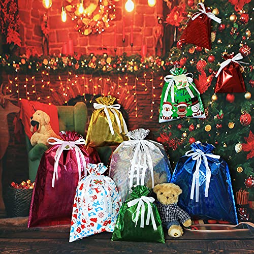 12 Drawstring Goodie Bags, Christmas Party Favor Bags, Present Wrapping Laser Bag, Holiday Treats Bags with Ribbon Ties and Tags in 4 Sizes, for Families Friends Kids in All Occasion of Celebration