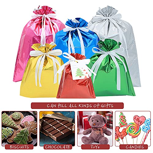 12 Drawstring Goodie Bags, Christmas Party Favor Bags, Present Wrapping Laser Bag, Holiday Treats Bags with Ribbon Ties and Tags in 4 Sizes, for Families Friends Kids in All Occasion of Celebration