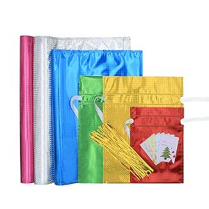 12 Drawstring Goodie Bags, Christmas Party Favor Bags, Present Wrapping Laser Bag, Holiday Treats Bags with Ribbon Ties and Tags in 4 Sizes, for Families Friends Kids in All Occasion of Celebration