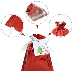 12 Drawstring Goodie Bags, Christmas Party Favor Bags, Present Wrapping Laser Bag, Holiday Treats Bags with Ribbon Ties and Tags in 4 Sizes, for Families Friends Kids in All Occasion of Celebration