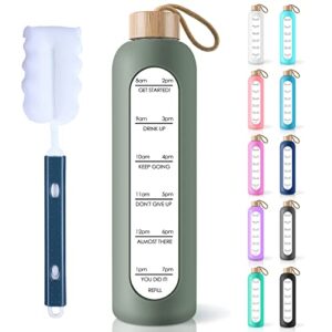 PROBTTL 32 Oz Borosilicate Glass Water Bottle with Time Marker Reminder Quotes, Leak Proof Reusable BPA Free Motivational Water Bottles with Silicone Sleeve and Bamboo Lid