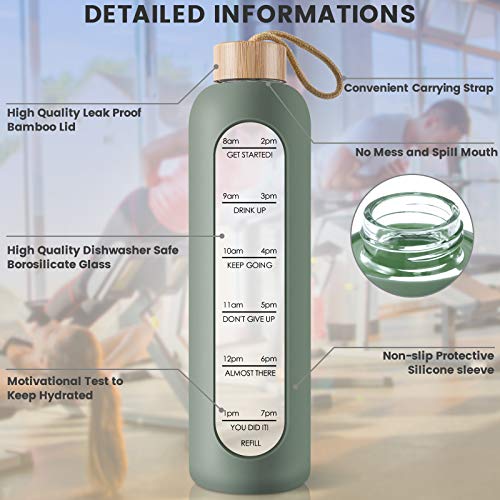 PROBTTL 32 Oz Borosilicate Glass Water Bottle with Time Marker Reminder Quotes, Leak Proof Reusable BPA Free Motivational Water Bottles with Silicone Sleeve and Bamboo Lid