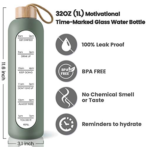 PROBTTL 32 Oz Borosilicate Glass Water Bottle with Time Marker Reminder Quotes, Leak Proof Reusable BPA Free Motivational Water Bottles with Silicone Sleeve and Bamboo Lid