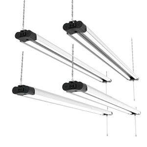4-pack 4ft linkable led shop light, 240w eqv linkable hanging light fixture for garage, basement, plug in with pull chain on/off, connects up to 6 fixtures, 4200lm, 5000k daylight white - etl listed