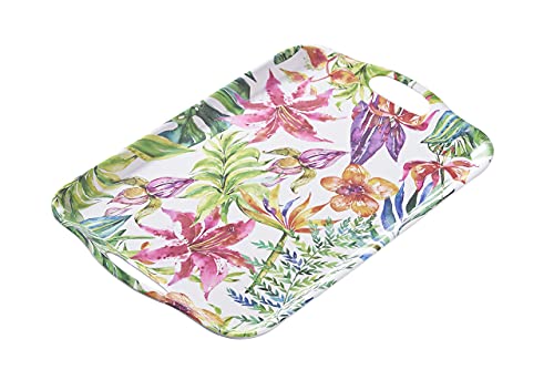 Blue Boat 16.5" x 11.5" Rectangular Melamine Serving Tray Set of 2 Floral, Light Weight Easy to Clean Sturdy Stackable Serving Tray with Handle, Fruit, Snacks, and Desserts Trays, TV Trays