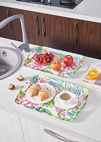 Blue Boat 16.5" x 11.5" Rectangular Melamine Serving Tray Set of 2 Floral, Light Weight Easy to Clean Sturdy Stackable Serving Tray with Handle, Fruit, Snacks, and Desserts Trays, TV Trays