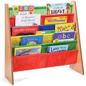sagler toddler book shelf organizer - wooden kids book case storage & magazine rack with 5 multicolored nylon fabric shelves - easy-to-reach kids bookshelf for nursery, bedroom, playroom, classroom