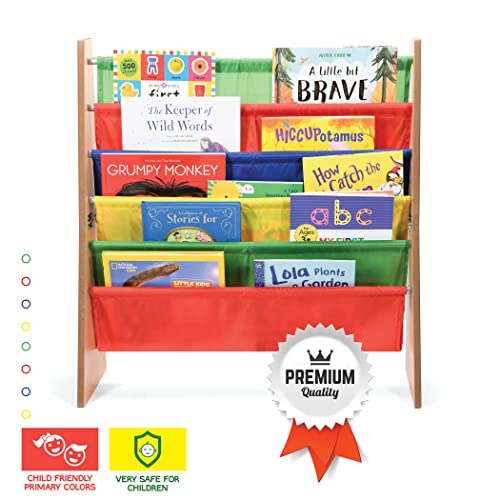 Sagler Toddler Book Shelf Organizer - Wooden Kids Book Case Storage & Magazine Rack with 5 Multicolored Nylon Fabric Shelves - Easy-to-Reach Kids Bookshelf for Nursery, Bedroom, Playroom, Classroom
