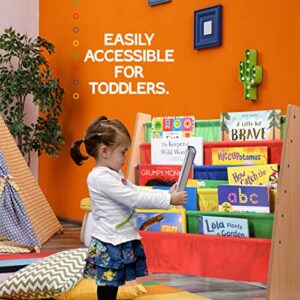 Sagler Toddler Book Shelf Organizer - Wooden Kids Book Case Storage & Magazine Rack with 5 Multicolored Nylon Fabric Shelves - Easy-to-Reach Kids Bookshelf for Nursery, Bedroom, Playroom, Classroom