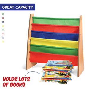 Sagler Toddler Book Shelf Organizer - Wooden Kids Book Case Storage & Magazine Rack with 5 Multicolored Nylon Fabric Shelves - Easy-to-Reach Kids Bookshelf for Nursery, Bedroom, Playroom, Classroom