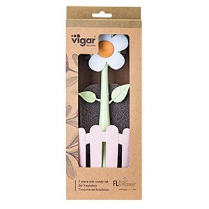 Vigar Florganic 3-piece Sink Caddy Set, Eco-friendly Daisy-shaped Dish Brush, Sponge and Fence-shaped Holder with Suction Cup, Pink