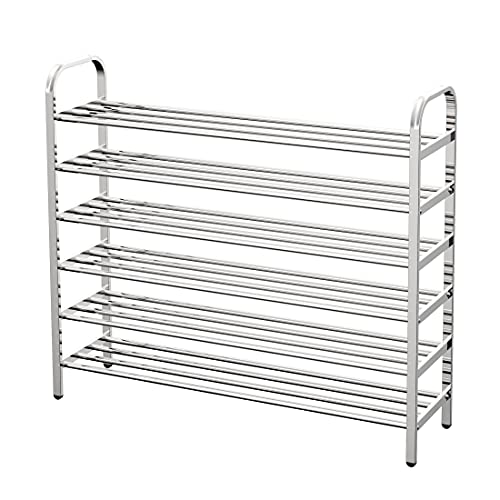 Shoe Rack Organizer for white metal,6 Tier Free Standing Shoe Rack Stainless steel Shoes Storage Shelf,Stackable Shoe Shelf for Entryway Doorway in silver