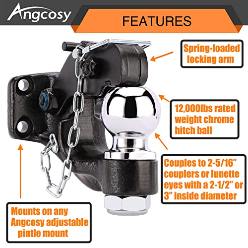 ANGCOSY 10-Ton Pintle Hook Trailer Hitches Receiver Hook Combination 2-5/16” Hitch Ball with Mounting Kit, 20000 lbs