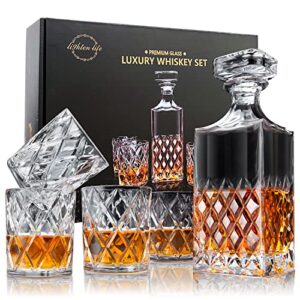 lighten life whiskey decanter set,italian style decanter set with 4 glasses in gift box,crystal bourbon decanter set for scotch,liquor,whiskey decanter set for men and women