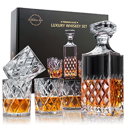 Lighten Life Whiskey Decanter Set,Italian Style Decanter Set with 4 Glasses in Gift Box,Crystal Bourbon Decanter Set for Scotch,Liquor,Whiskey Decanter Set for Men and Women