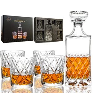 Lighten Life Whiskey Decanter Set,Italian Style Decanter Set with 4 Glasses in Gift Box,Crystal Bourbon Decanter Set for Scotch,Liquor,Whiskey Decanter Set for Men and Women