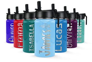 personalized kids water bottle with straw lid on pastel blue gloss for school engraved custom children name 12 oz modern insulated stainless steel