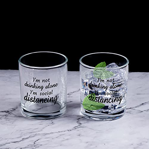 I'm Not Drinking Alone I'm Social Distancing Whiskey Glass, Funny Old Fashioned Whiskey Rock Glasses, Quarantine Gifts for Wine Lover Bourbon Lovers Friends Women Men, Birthday Christmas Gag Gift 10Oz