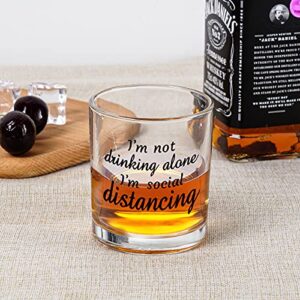 I'm Not Drinking Alone I'm Social Distancing Whiskey Glass, Funny Old Fashioned Whiskey Rock Glasses, Quarantine Gifts for Wine Lover Bourbon Lovers Friends Women Men, Birthday Christmas Gag Gift 10Oz