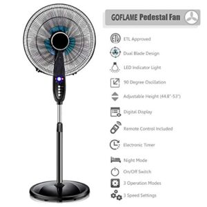 GOFLAME 16" Dual Blade Pedestal Fan, Oscillating Stand Fan Height Adjustable with Remote Control, 3 Speed Settings, Timer, LCD Display, Ideal for Bedroom, Living Room, Office