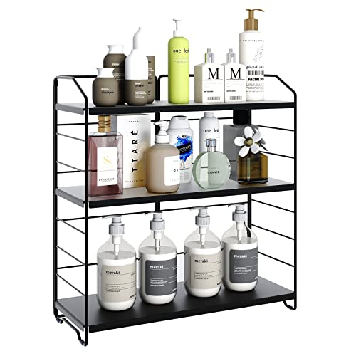 BOIVSHI 3-Tier Bathroom Countertop Organizer, 8-levels Height Adjustable Bathroom Counter Organizer Storage Shelf for Bathroom Kitchen Spice Rack Vanity Tray Cosmetic Storage Holder, Metal Black