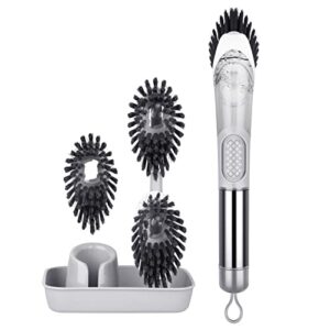 soap dispensing dish brush set - forspeeder kitchen brush with stand 3 brush replacement heads stainless steel handle, dish wand scrub brush for dishes sink pot pan cleaning