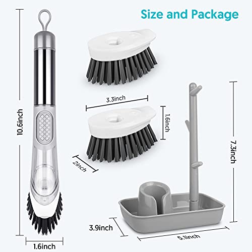 Soap Dispensing Dish Brush Set - FORSPEEDER Kitchen Brush with Stand 3 Brush Replacement Heads Stainless Steel Handle, Dish Wand Scrub Brush for Dishes Sink Pot Pan Cleaning