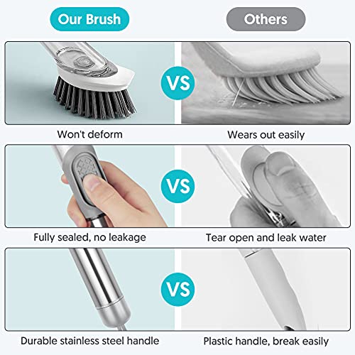 Soap Dispensing Dish Brush Set - FORSPEEDER Kitchen Brush with Stand 3 Brush Replacement Heads Stainless Steel Handle, Dish Wand Scrub Brush for Dishes Sink Pot Pan Cleaning