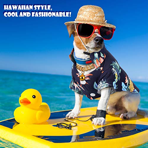 3 Pieces Pet Dog Hawaiian Costume Include Hawaiian Dog T-Shirts Pineapple Print Puppy Summer Clothes, Straw Hat and Cool Gold Chain Necklace for Small Medium Dogs (Medium, Navy Blue)