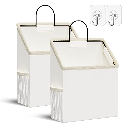 Teatalk 2 Pack Wall Hanging Storage Bag with Sticky Hook,Closet Hanging Storage for Pocket,Bathroom Dormitory Organizer Bag,Linen Cotton Organizer Box Containers for Bedroom(White)