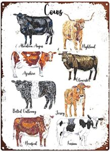metal tin signs vintage metal sign letters cow breeds print, cow print, cow metal sign, cattle breeds, farm animals personalized metal signs for home decor