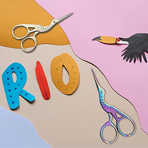 Embroidery Scissors Small Sewing Scissors Stainless Steel Classic Stork Sharp Tip 2PCS Crafting Scissors for Art Work DIY Needlework Paper Cutting Office Threading Shears (3.7inch, Gold & Colorful)