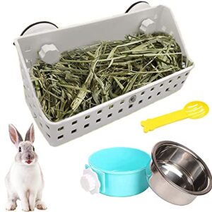 kathson Rabbit Hay Feeder Hay Manger Less Wasted Grass Holder Rack Removable Stainless Steel Crate Bowl Water Food Feeder for Rabbits Bunny Chinchilla Guinea Pigs