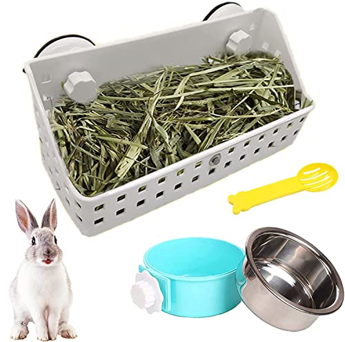 kathson Rabbit Hay Feeder Hay Manger Less Wasted Grass Holder Rack Removable Stainless Steel Crate Bowl Water Food Feeder for Rabbits Bunny Chinchilla Guinea Pigs