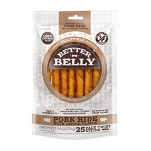 better belly highly digestible rawhide twist sticks chews, treat your dog to a chew with no artificial colors or flavors 25 count (pack of 1)