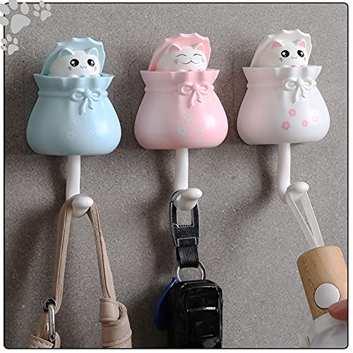 4 Pcs Cat Coat Hooks Plastic Creative Home Adhesive Wall Hooks for Hanging Coats, Keys, Hats, Luggage and Towels, Decorations (4, Pink+Blue+Yellow+White)