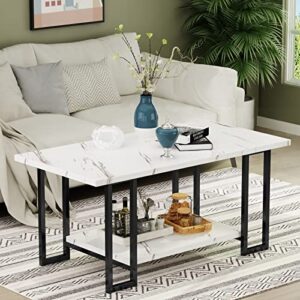 awqm marble coffee table, faux marble top rectangular coffee table with black metal frame, 2 tier living room table for living room, office, balcony, white, 40 inch