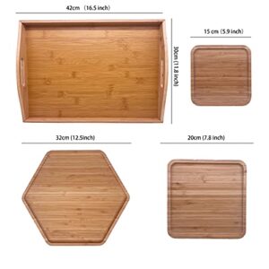 PAFREWOG Bamboo Serving Trays Charcuterie Platter 16.5"x11.8"（42x30cm with Handle, Set Includes 1xHexagon 12.5"(32cm)+1xSquare 7.8"(20cm)+1xSquare 5.9"(15cm) Small Plates for Family Dinner